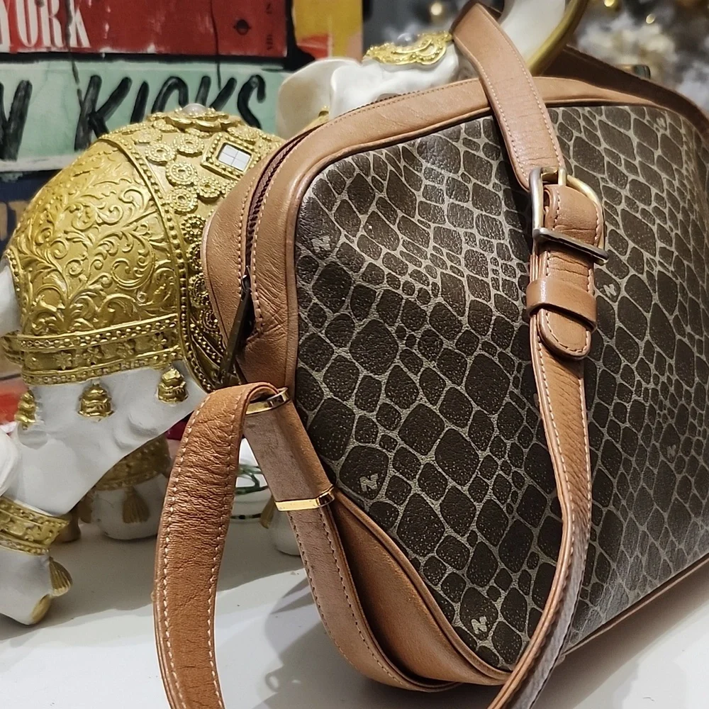 Nina Ricci Signature Logo Handbag Shoulder Bag Leather Tan Brown Animal Vtg Rare